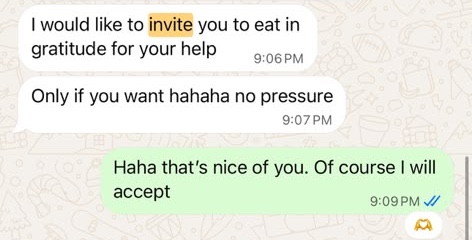 Mensaje de un cliente: I would like to invite you to eat in gratitude for your help